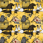 yellow background, golden yellow, wizard hat, owl, birdcage, potion bottles, magic wand, letter envelope, round glasses, honeycomb pattern, butterbeer mug,, fabric panel, magic school, wizarding theme, repeating pattern, cartoon style, whimsical design, black accents, cream colored bottles
