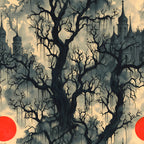 blood moon, gothic architecture, bare trees, spooky atmosphere, haunted mansion, red circles, dark silhouettes, overcast sky, eerie branches, castle towers, horror theme, halloween fabric,, fabric panel, gnarled trees, mysterious buildings, dramatic sky, gothic spires, creepy landscape, atmospheric design