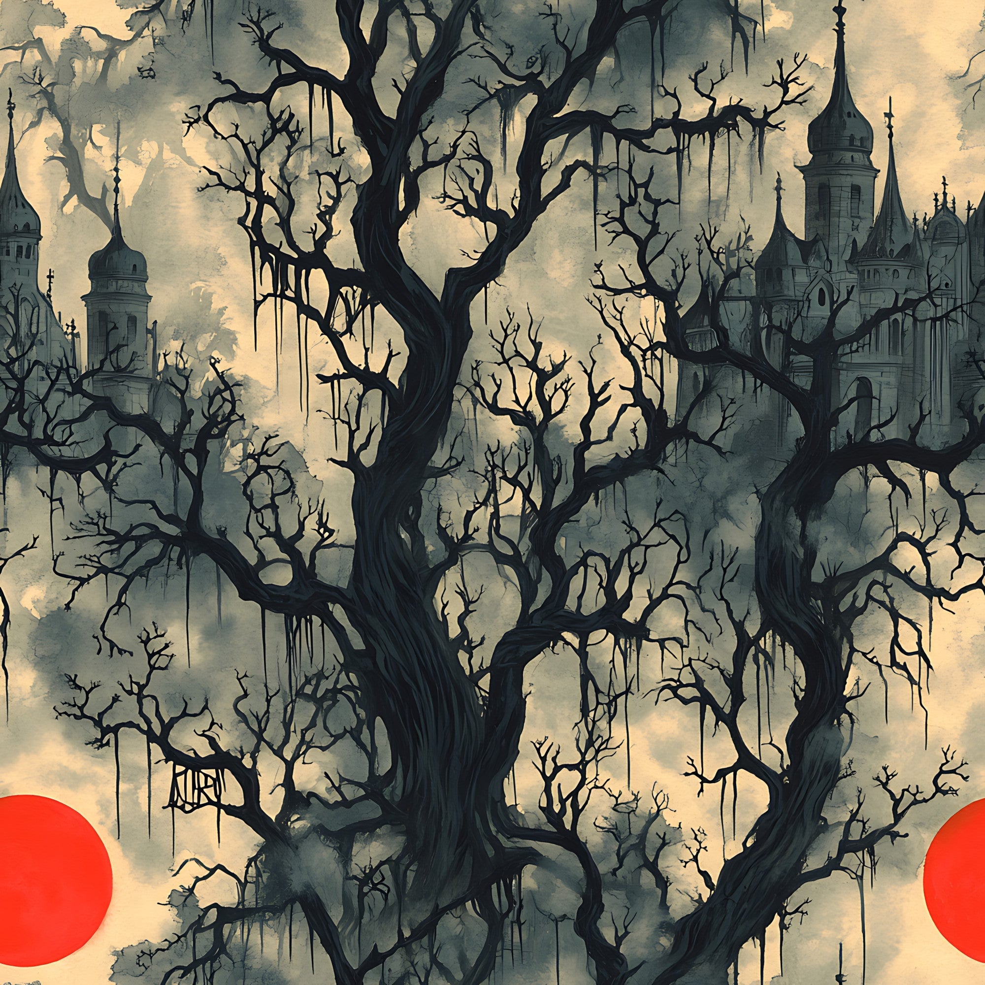 blood moon, gothic architecture, bare trees, spooky atmosphere, haunted mansion, red circles, dark silhouettes, overcast sky, eerie branches, castle towers, horror theme, halloween fabric,, fabric panel, gnarled trees, mysterious buildings, dramatic sky, gothic spires, creepy landscape, atmospheric design