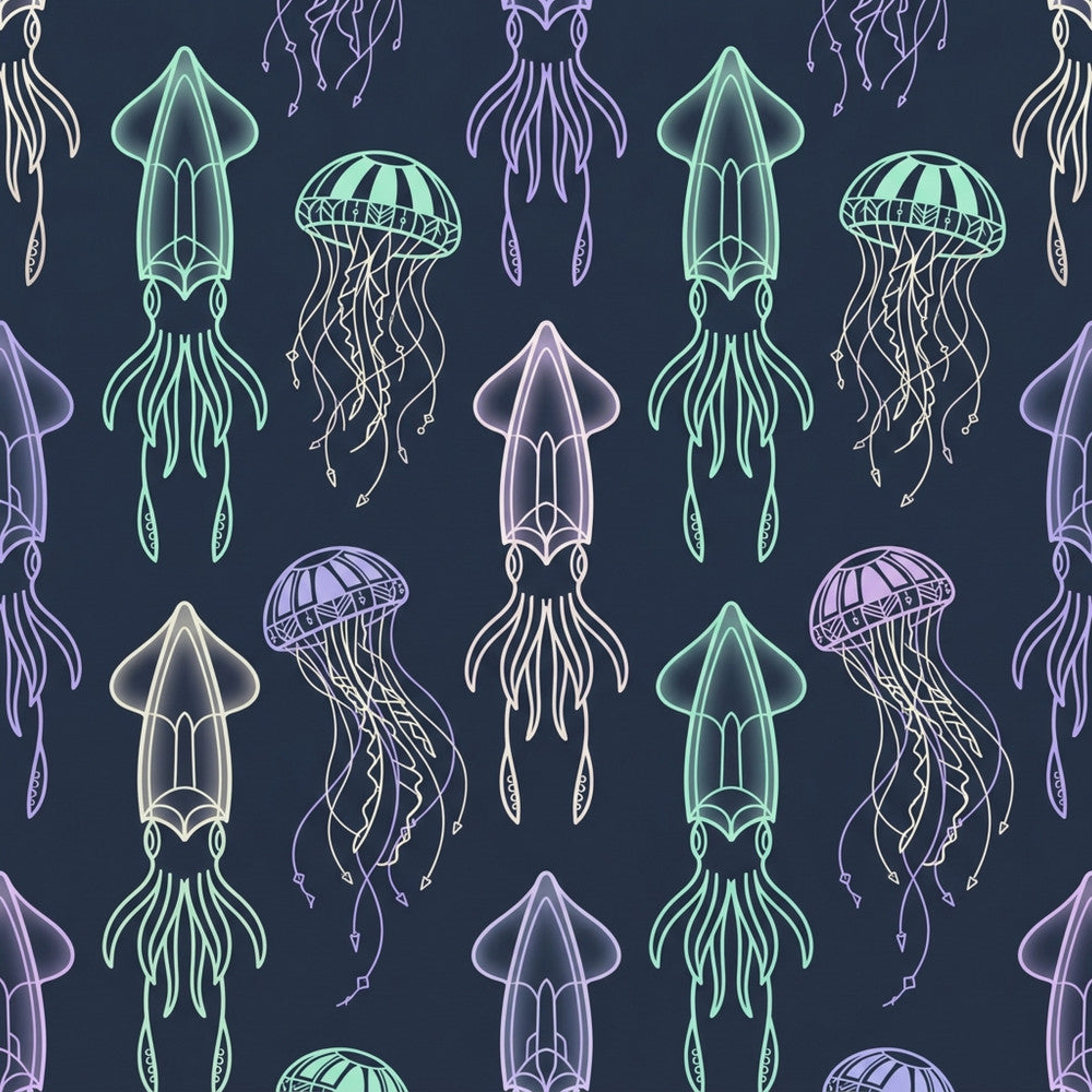 navy blue, mint green, pale purple, lavender, cream, neon glow, jellyfish, squid, sea creatures, ocean, underwater, nautical, bioluminescent, glowing, neon outline, modern, whimsical, celestial, fantasy, marine life, glow in the dark aesthetic, kids room, playroom, nursery, aquatic theme, deep sea, mystical, ethereal, contemporary, vibrant