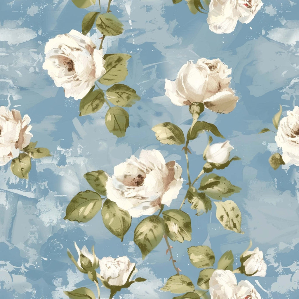 powder blue, sky blue, cream, white, sage green, olive green, vintage roses, floral pattern, blooming flowers, rose buds, botanical design, cottage style, farmhouse aesthetic, romantic florals,, fabric panel, watercolor effect, soft pastels, vintage inspired, shabby chic