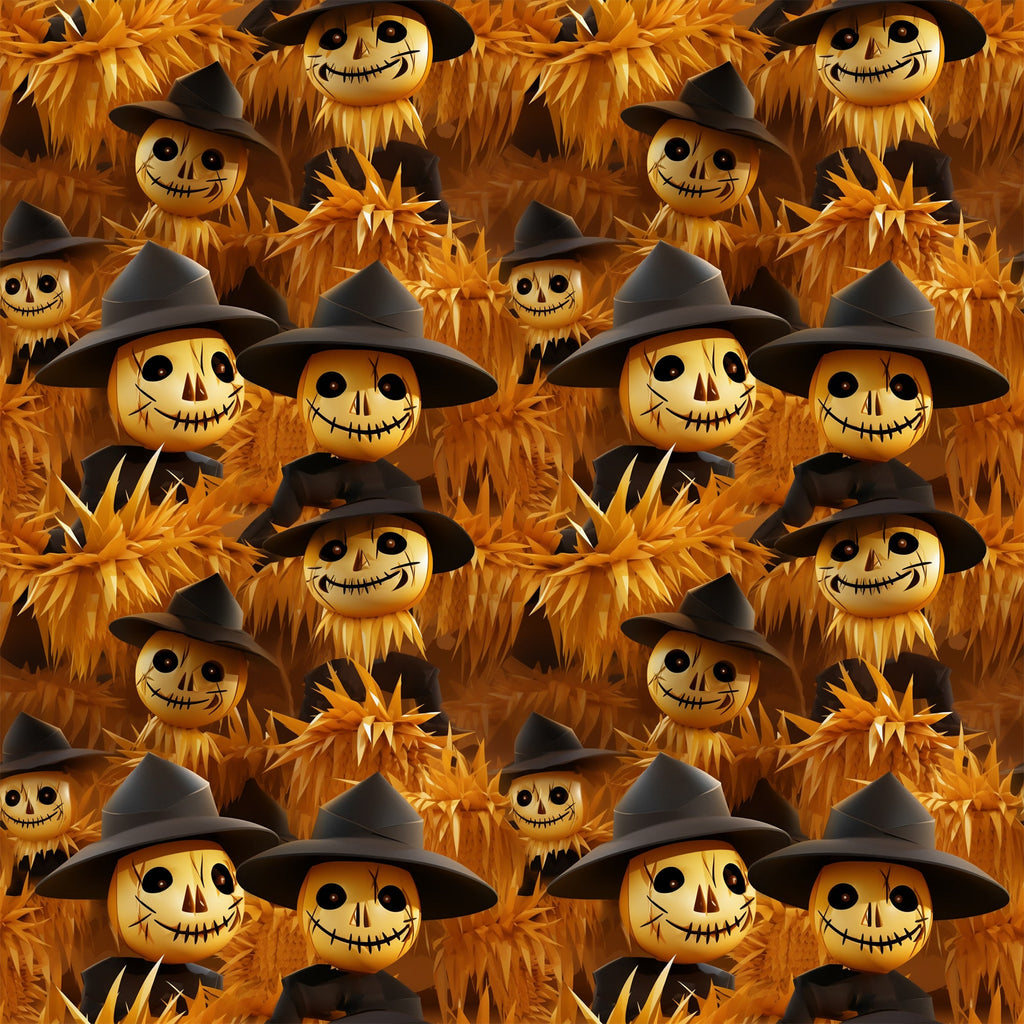 orange, amber, golden yellow, black, scarecrow faces, witch hats, stitched smiles, button eyes, autumn harvest, spooky characters, halloween theme, wheat stalks, corn husks, repeating pattern,, fabric panel, rustic style, fall season, creepy cute, seasonal motif
