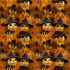 orange, amber, golden yellow, black, scarecrow faces, witch hats, stitched smiles, button eyes, autumn harvest, spooky characters, halloween theme, wheat stalks, corn husks, repeating pattern,, fabric panel, rustic style, fall season, creepy cute, seasonal motif