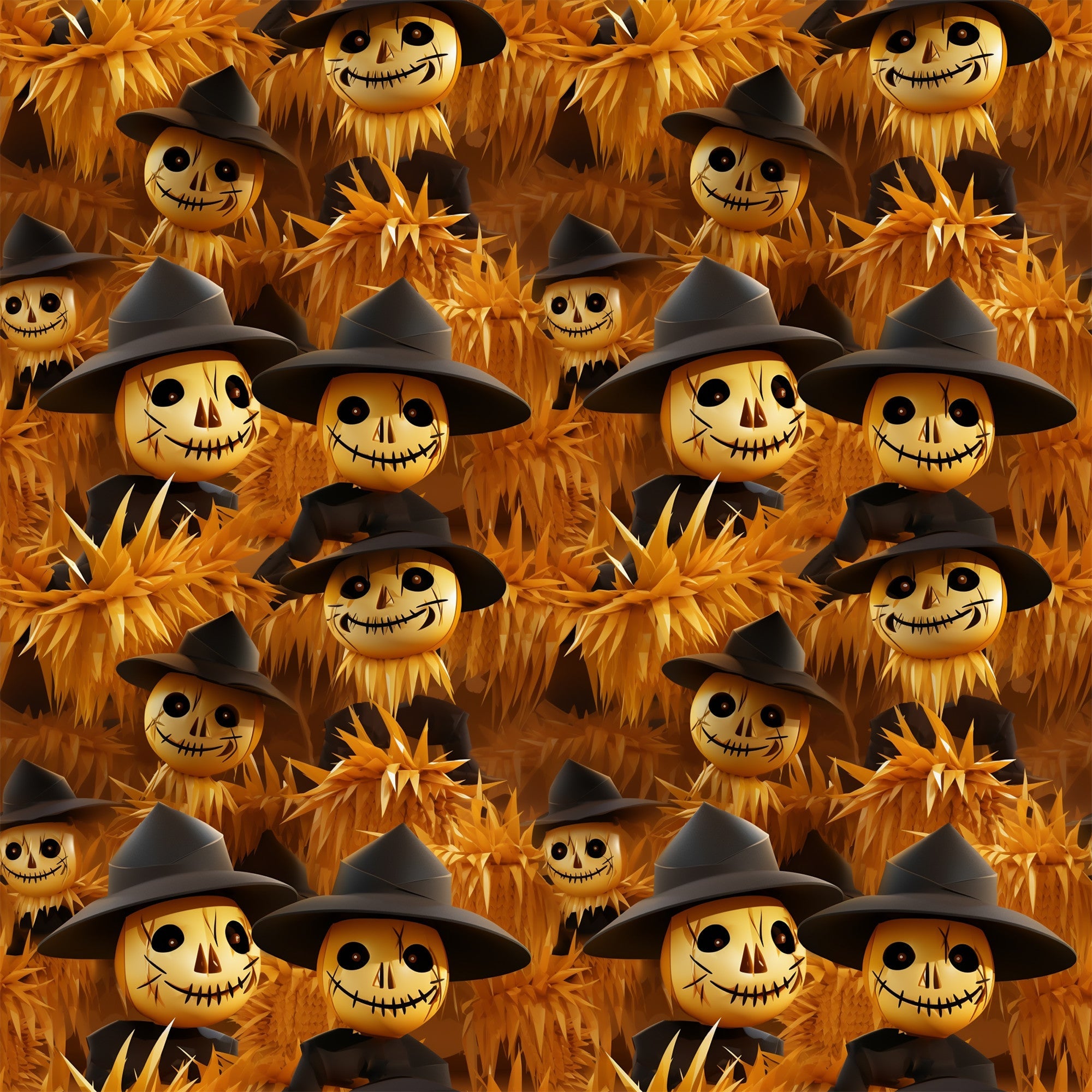 orange, amber, golden yellow, black, scarecrow faces, witch hats, stitched smiles, button eyes, autumn harvest, spooky characters, halloween theme, wheat stalks, corn husks, repeating pattern,, fabric panel, rustic style, fall season, creepy cute, seasonal motif
