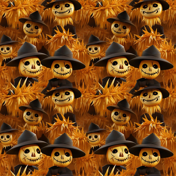orange, amber, golden yellow, black, scarecrow faces, witch hats, stitched smiles, button eyes, autumn harvest, spooky characters, halloween theme, wheat stalks, corn husks, repeating pattern,, fabric panel, rustic style, fall season, creepy cute, seasonal motif