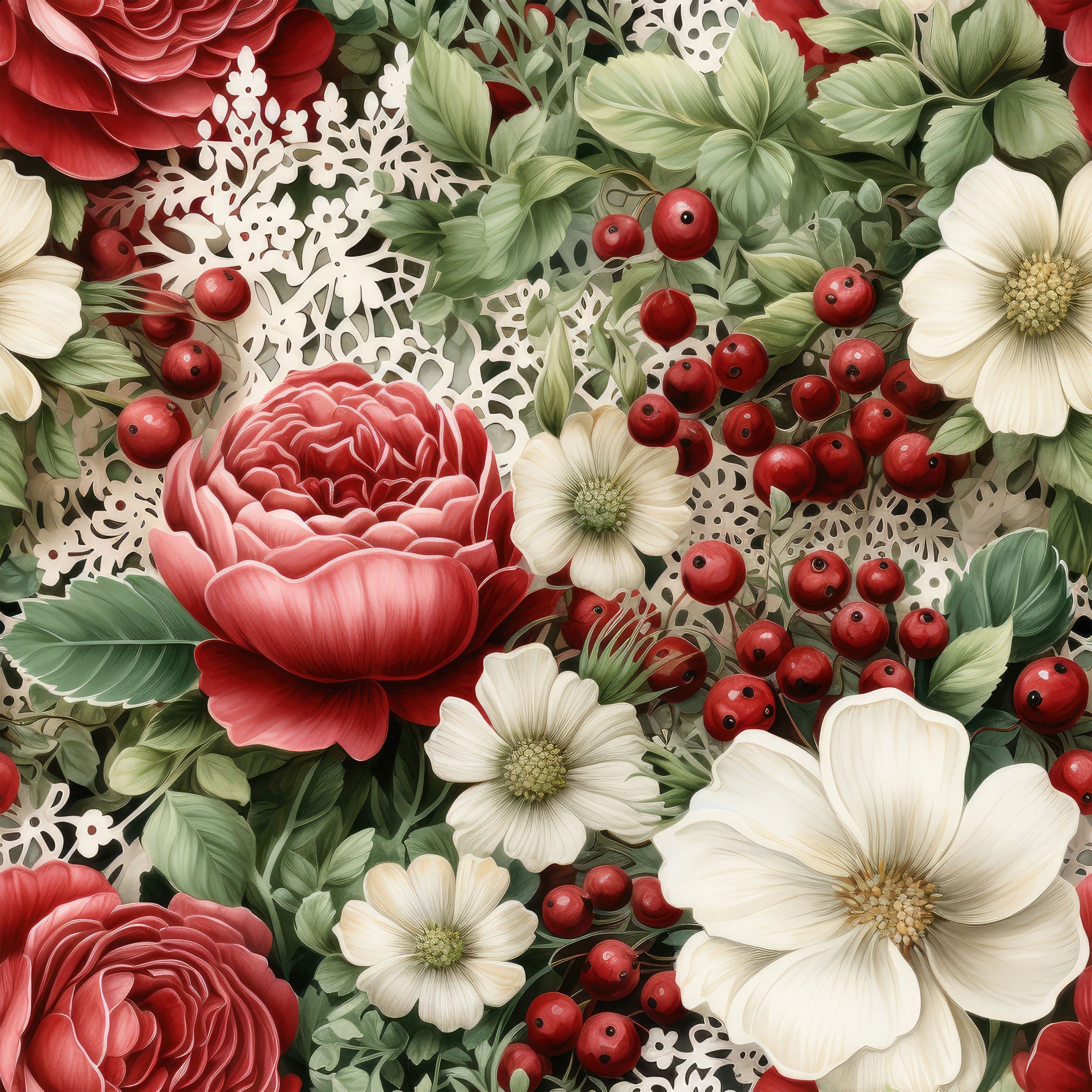 christmas florals, red roses, white flowers, cranberries, red berries, green foliage, white lace, coral pink, cream white, forest green, floral pattern, botanical design, holiday theme,, fabric panel, vintage style, romantic mood, detailed illustration, winter florals, festive arrangement