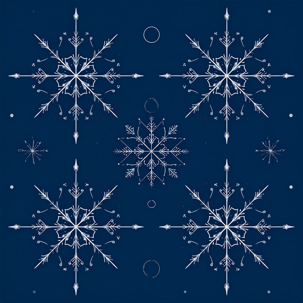 navy blue, white, snowflakes, geometric, celestial, stars, winter, holiday, christmas, elegant, modern, whimsical, frozen, ice crystal, nature, symmetrical, decorative, sparkly, night sky, moon phases, botanical, frost pattern, ethereal, magical, sophisticated, cool tones, seasonal, december, snowy, nordic