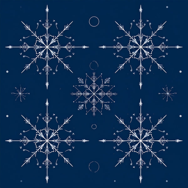 navy blue, white, snowflakes, geometric, celestial, stars, winter, holiday, christmas, elegant, modern, whimsical, frozen, ice crystal, nature, symmetrical, decorative, sparkly, night sky, moon phases, botanical, frost pattern, ethereal, magical, sophisticated, cool tones, seasonal, december, snowy, nordic