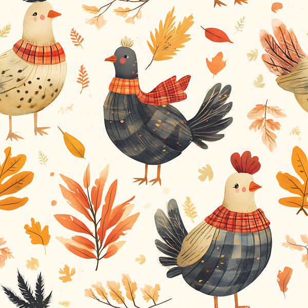 autumn birds, fall leaves, chickens, roosters, cream, orange, gold, rust, charcoal gray, red plaid, tartan, woodland animals, farmhouse, whimsical, rustic, nature, seasonal, harvest, thanksgiving, cozy, children's, kids room, playroom, nursery, feathered friends, folk art, country style, warm tones