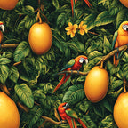 tropical pattern, vibrant green, golden orange, red parrots, macaw birds, mango fruits, lush foliage, jungle leaves, bamboo branches, plumeria flowers, exotic birds, rainforest scene, botanical print,, fabric panel, nature motif, wildlife design, tropical paradise, emerald leaves, sunset colors