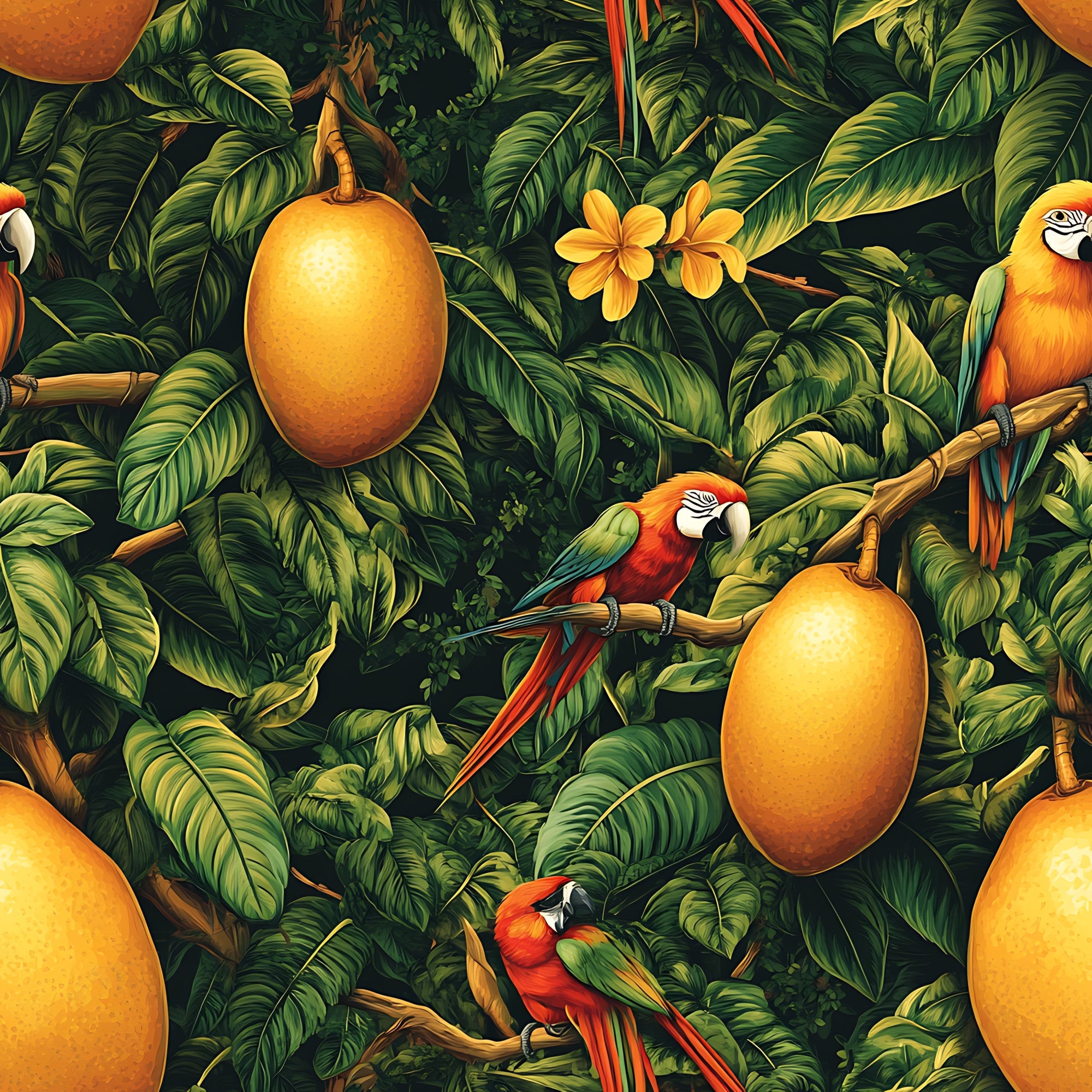 tropical pattern, vibrant green, golden orange, red parrots, macaw birds, mango fruits, lush foliage, jungle leaves, bamboo branches, plumeria flowers, exotic birds, rainforest scene, botanical print,, fabric panel, nature motif, wildlife design, tropical paradise, emerald leaves, sunset colors