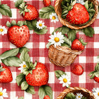 red gingham, white checkered, strawberries, wicker baskets, daisy flowers, green leaves, picnic theme,, fabric panel, summer motif, botanical elements, red berries, yellow centers, cottage core, kitchen decor, fruit pattern, checkered background, pastoral design, country style, vibrant colors