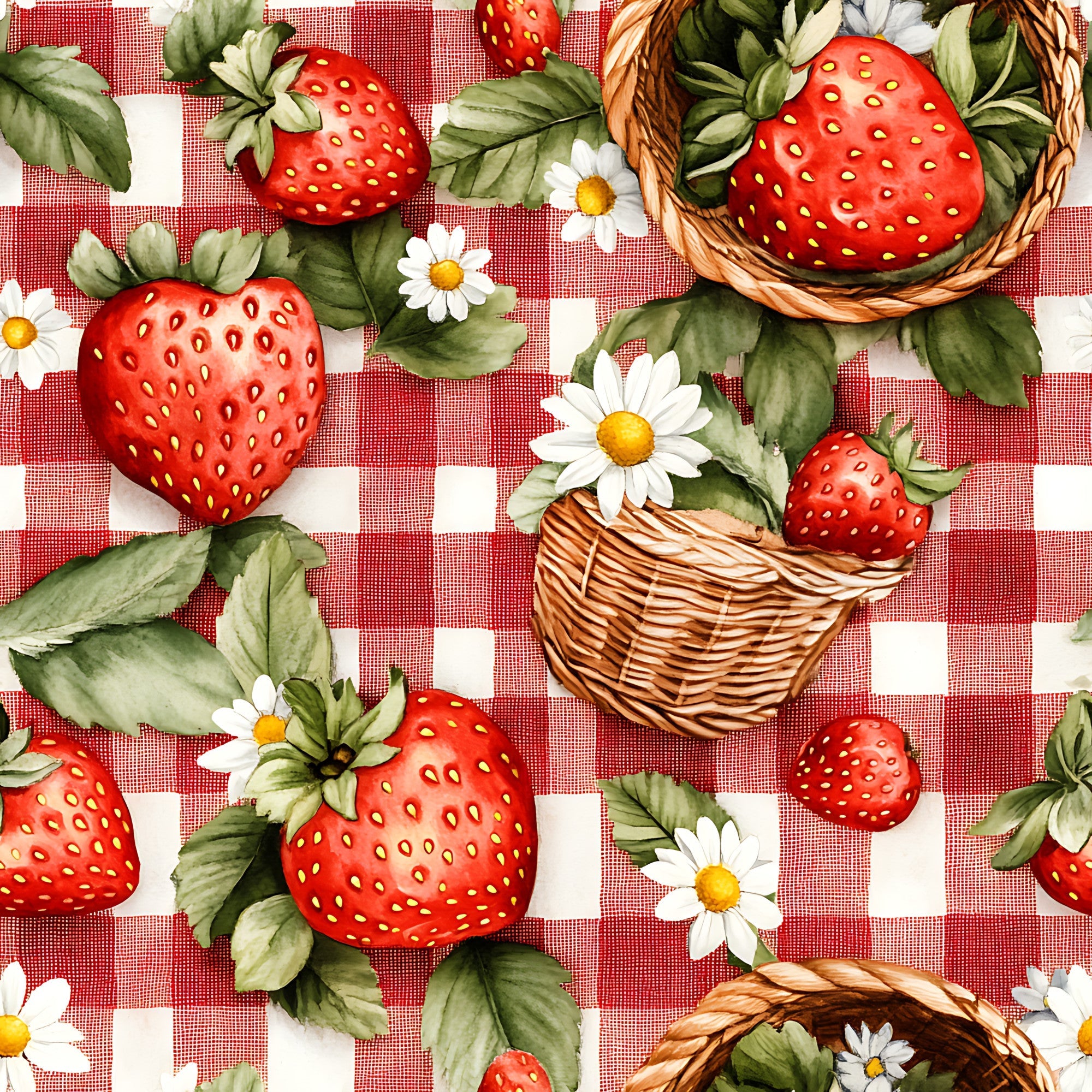 red gingham, white checkered, strawberries, wicker baskets, daisy flowers, green leaves, picnic theme,, fabric panel, summer motif, botanical elements, red berries, yellow centers, cottage core, kitchen decor, fruit pattern, checkered background, pastoral design, country style, vibrant colors