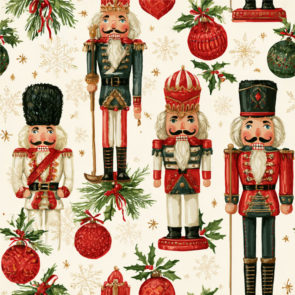 nutcracker, christmas, holiday, festive, vintage, traditional, nutcracker soldier, red, cream, forest green, dark green, gold, white, decorative ornaments, baubles, holly, pine branches, snowflakes, whimsical, elegant, classic, seasonal, children's, kids room, nursery, winter, toy soldiers, red and green, cream and red, nostalgic