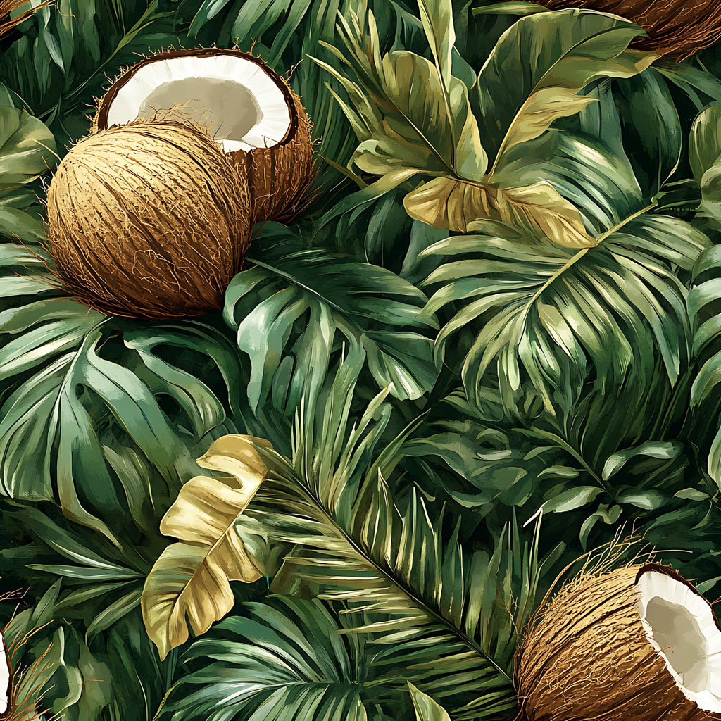 tropical foliage, coconut halves, monstera leaves, palm fronds, jungle pattern, botanical design, green leaves, brown coconuts, white coconut meat,, fabric panel, tropical theme, lush vegetation, exotic plants, nature motif, earthy tones, summer vibes, paradise elements, dense foliage