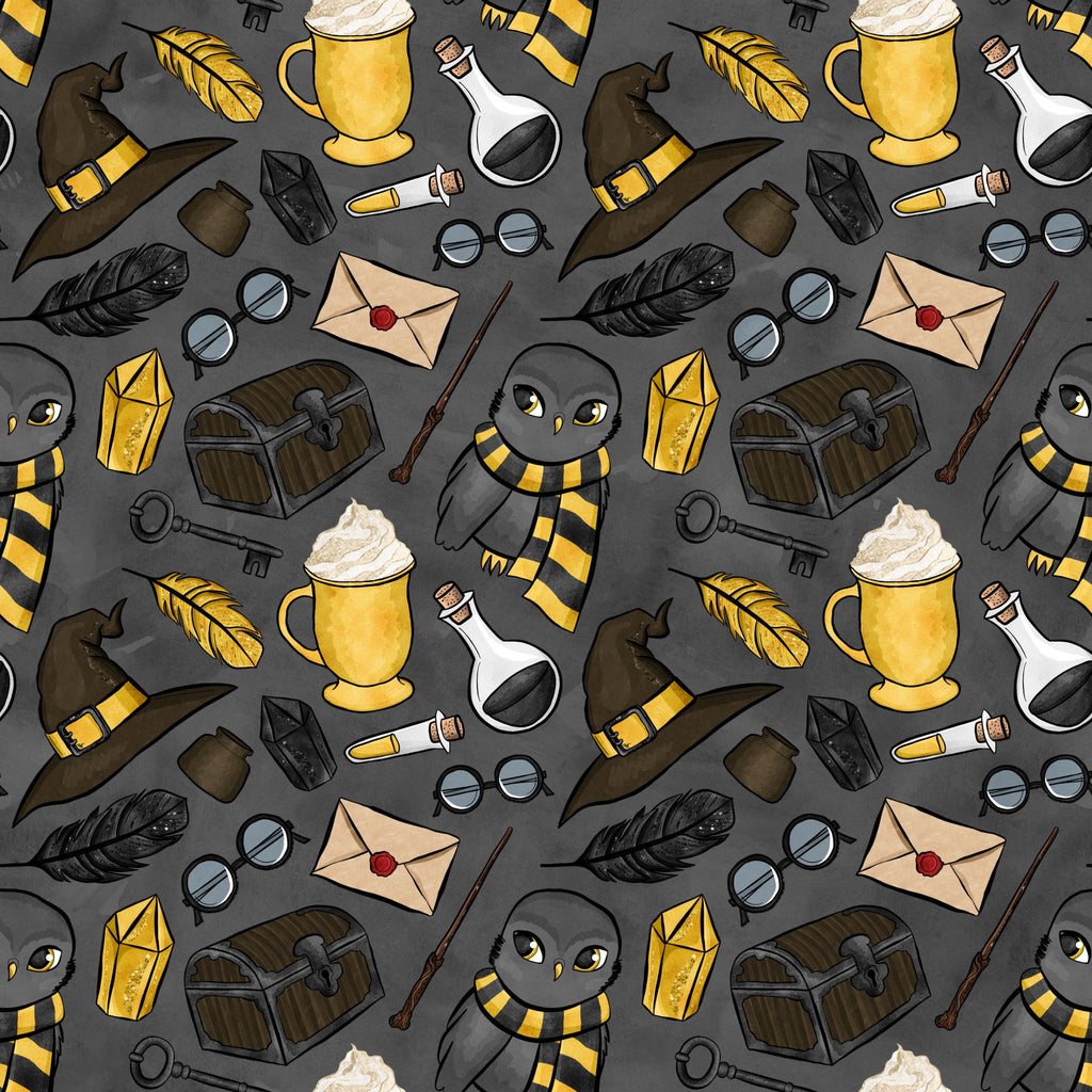 charcoal gray, mustard yellow, wizard hats, magical owls, potion bottles, treasure chests, feathers, wands, envelopes, magnifying glass, keys, striped scarves,, fabric panel, whimsical illustrations, magical school, fantasy theme, cartoon style, repeating pattern, mystical elements