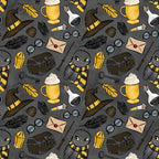 charcoal gray, mustard yellow, wizard hats, magical owls, potion bottles, treasure chests, feathers, wands, envelopes, magnifying glass, keys, striped scarves,, fabric panel, whimsical illustrations, magical school, fantasy theme, cartoon style, repeating pattern, mystical elements