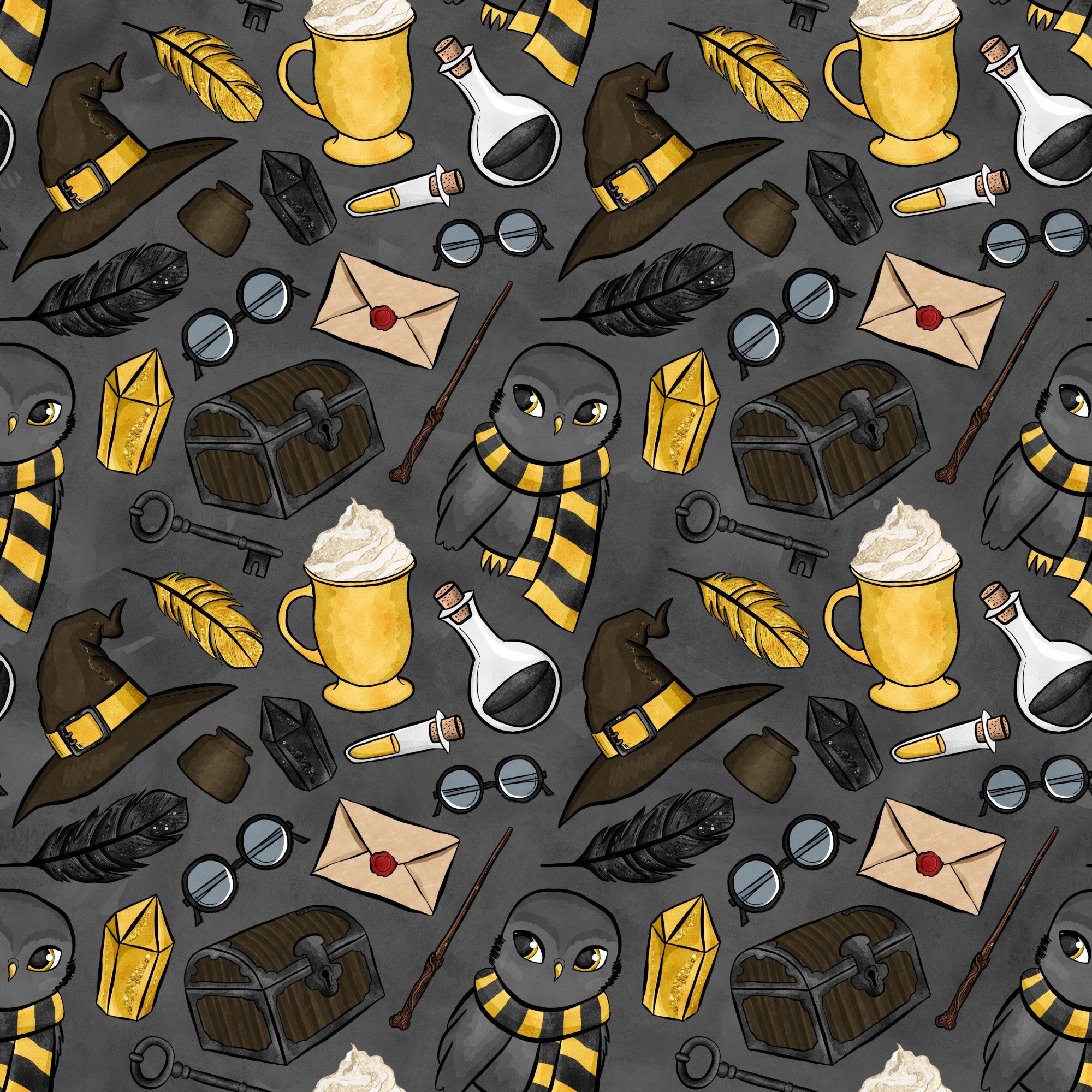 charcoal gray, mustard yellow, wizard hats, magical owls, potion bottles, treasure chests, feathers, wands, envelopes, magnifying glass, keys, striped scarves,, fabric panel, whimsical illustrations, magical school, fantasy theme, cartoon style, repeating pattern, mystical elements
