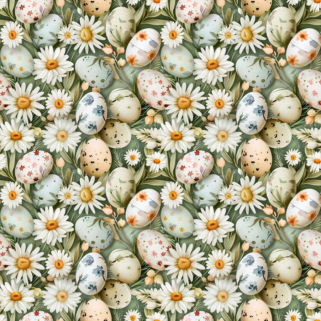 easter eggs, white daisies, green foliage, sage green, cream, peach, floral pattern, spring flowers, botanical design,, fabric panel, easter theme, pastel colors, decorative eggs, wildflowers, meadow pattern, seamless repeat, cottage core, nature motifs, spring seasonal