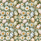 easter eggs, white daisies, green foliage, sage green, cream, peach, floral pattern, spring flowers, botanical design,, fabric panel, easter theme, pastel colors, decorative eggs, wildflowers, meadow pattern, seamless repeat, cottage core, nature motifs, spring seasonal