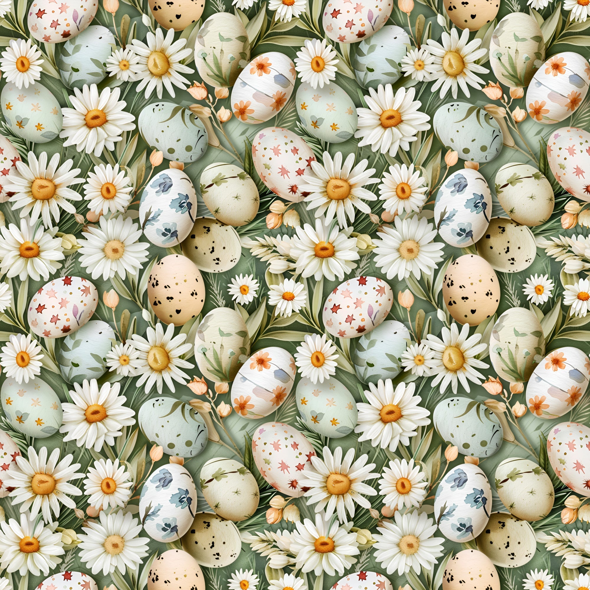 easter eggs, white daisies, green foliage, sage green, cream, peach, floral pattern, spring flowers, botanical design,, fabric panel, easter theme, pastel colors, decorative eggs, wildflowers, meadow pattern, seamless repeat, cottage core, nature motifs, spring seasonal