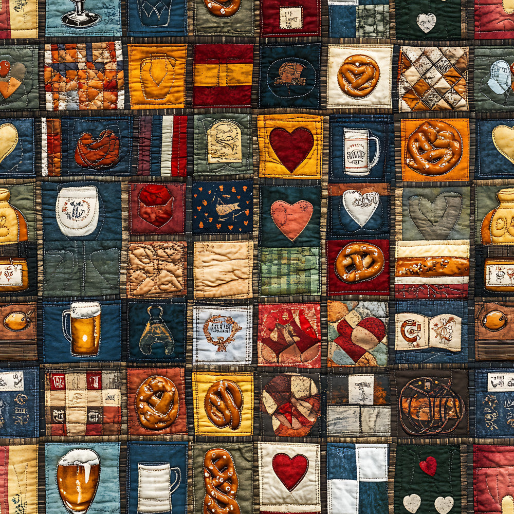 navy blue, cream, burnt orange, deep red, forest green, gold, beer mug, pretzel, heart, bavarian, german, oktoberfest, beer, traditional, rustic, vintage, farmhouse, quilt, patchwork, folk art, cultural, autumn, fall, beer themed, food motifs, beer garden, heritage, cozy, cottage core, retro
