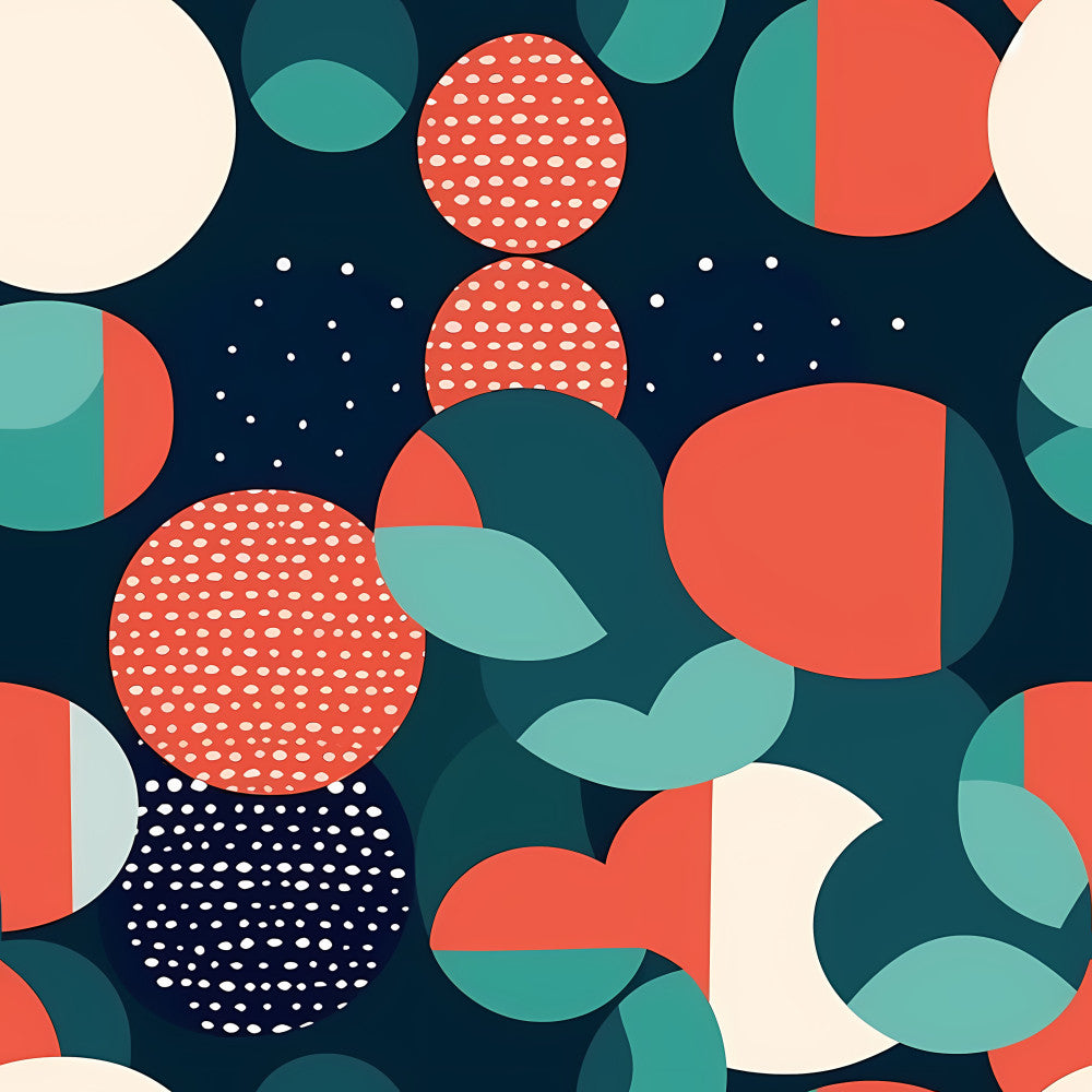 navy blue, coral, teal, cream, geometric, abstract, modern, contemporary, circles, dots, polka dots, mid-century modern, retro, minimalist, playroom, kids room, nursery, whimsical, colorful, vibrant, contemporary art, bold patterns, overlapping shapes, fun, children's, baby, soft pastels, artistic