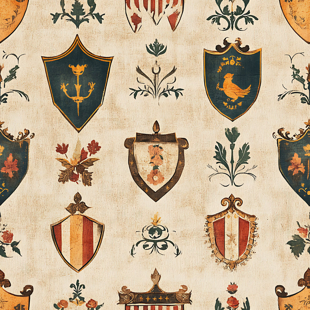 rustic, german banners, heraldic shields, medieval crests, coat of arms, beige background, teal green, burnt orange, burgundy red, golden yellow, brown accents, decorative flourishes, botanical motifs, bird emblems, striped patterns, vintage style,, fabric panel, european inspired, antiqued finish