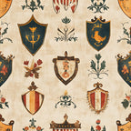 rustic, german banners, heraldic shields, medieval crests, coat of arms, beige background, teal green, burnt orange, burgundy red, golden yellow, brown accents, decorative flourishes, botanical motifs, bird emblems, striped patterns, vintage style,, fabric panel, european inspired, antiqued finish