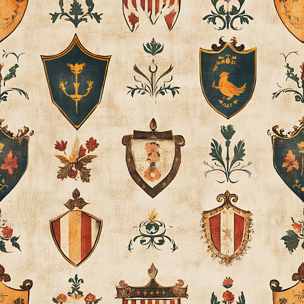 rustic, german banners, heraldic shields, medieval crests, coat of arms, beige background, teal green, burnt orange, burgundy red, golden yellow, brown accents, decorative flourishes, botanical motifs, bird emblems, striped patterns, vintage style,, fabric panel, european inspired, antiqued finish