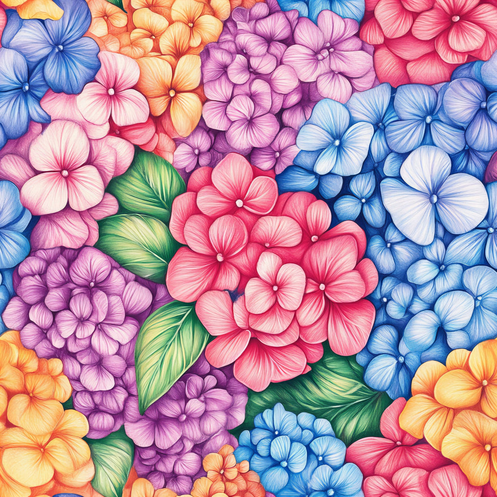 hydrangeas, floral pattern, pink flowers, blue flowers, purple flowers, orange flowers, coral blooms, green leaves, botanical design, watercolor style,, fabric panel, summer florals, garden flowers, colorful petals, clustered blooms, nature motif, bright colors, feminine florals, crafting fabric