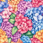 hydrangeas, floral pattern, pink flowers, blue flowers, purple flowers, orange flowers, coral blooms, green leaves, botanical design, watercolor style,, fabric panel, summer florals, garden flowers, colorful petals, clustered blooms, nature motif, bright colors, feminine florals, crafting fabric
