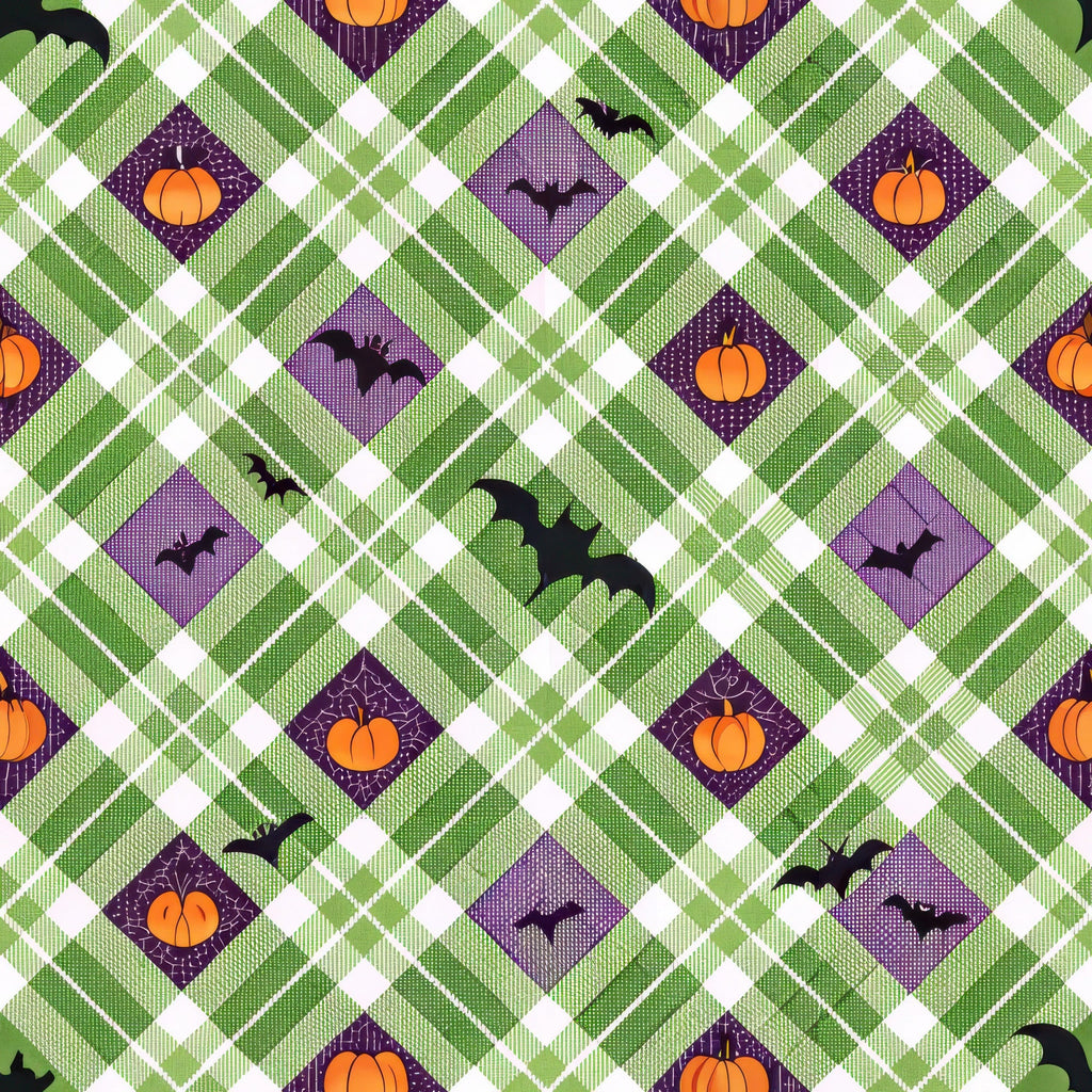 halloween fabric,, orange pumpkins, black bats, purple diamonds, green gingham, white checks, plaid pattern, geometric design, autumn colors, seasonal motifs, halloween theme, diamond shapes, checkered background, orange accents, purple squares, flying bats, harvest pumpkins, fabric panel, cotton material