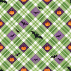 halloween fabric,, orange pumpkins, black bats, purple diamonds, green gingham, white checks, plaid pattern, geometric design, autumn colors, seasonal motifs, halloween theme, diamond shapes, checkered background, orange accents, purple squares, flying bats, harvest pumpkins, fabric panel, cotton material