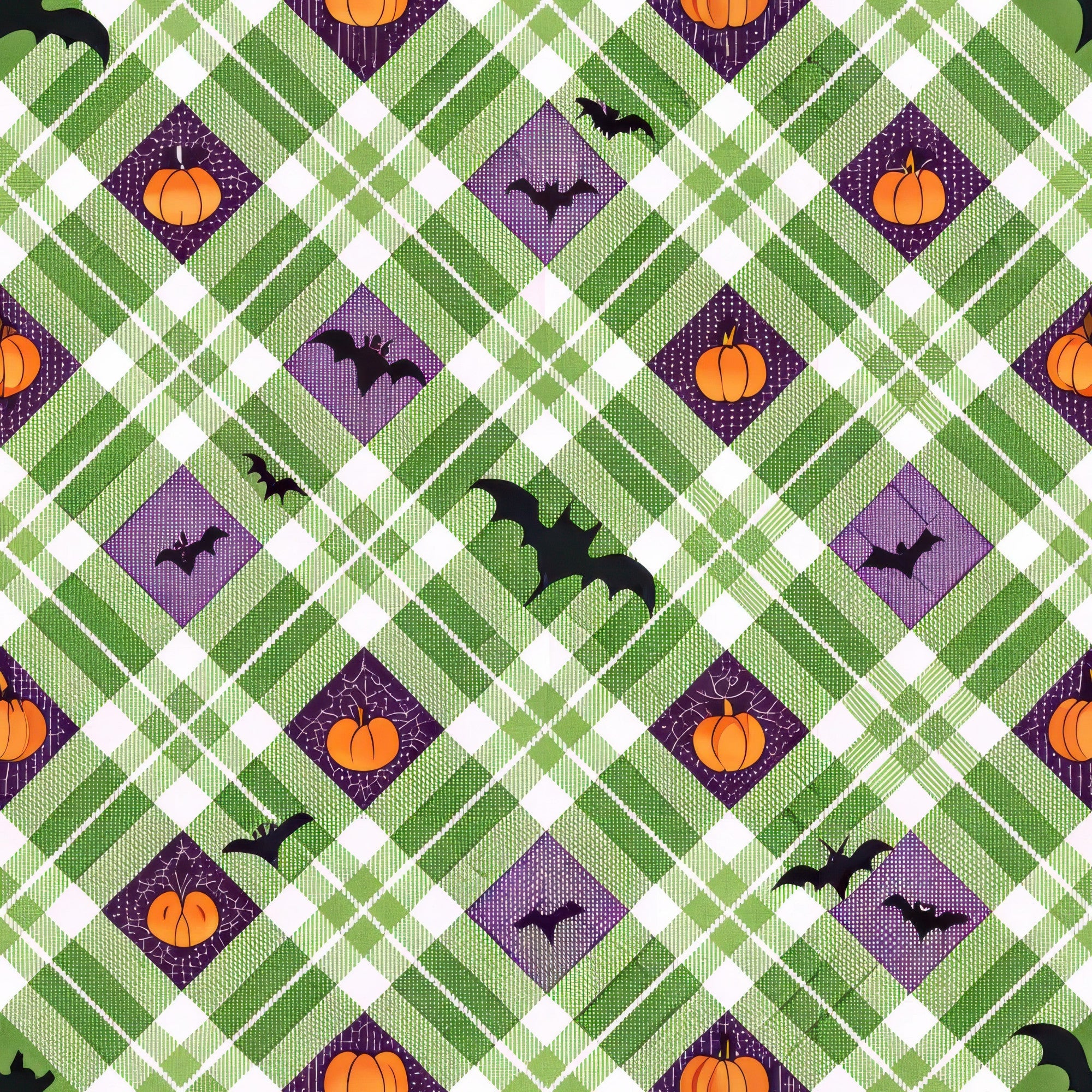halloween fabric,, orange pumpkins, black bats, purple diamonds, green gingham, white checks, plaid pattern, geometric design, autumn colors, seasonal motifs, halloween theme, diamond shapes, checkered background, orange accents, purple squares, flying bats, harvest pumpkins, fabric panel, cotton material