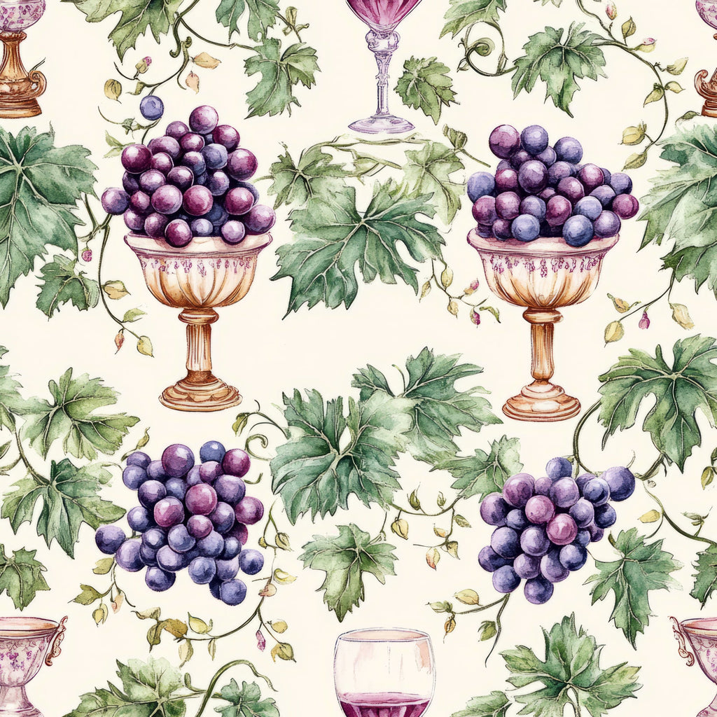 purple grapes, green leaves, wine glasses, ornate bowls, vineyard theme, botanical illustration, watercolor style, cream background, grape vines, decorative urns, wine country, fruit motifs,, fabric panel, vintage style, repeating pattern, nature elements, wine themed, elegant design, harvest motif