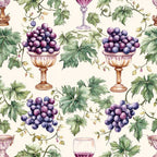 purple grapes, green leaves, wine glasses, ornate bowls, vineyard theme, botanical illustration, watercolor style, cream background, grape vines, decorative urns, wine country, fruit motifs,, fabric panel, vintage style, repeating pattern, nature elements, wine themed, elegant design, harvest motif