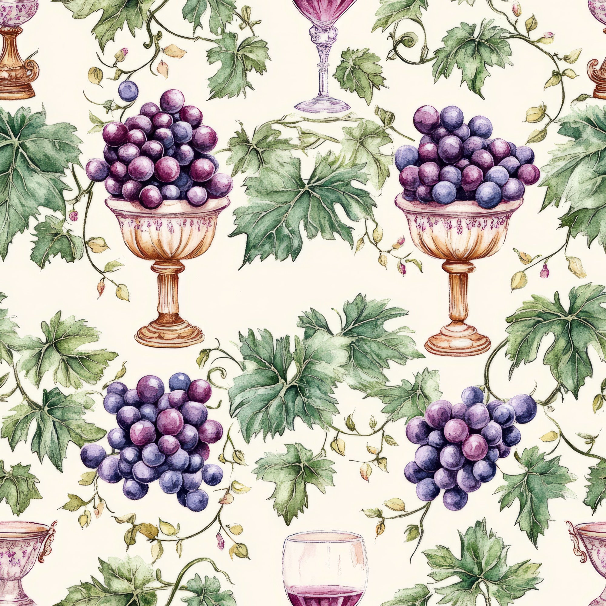 purple grapes, green leaves, wine glasses, ornate bowls, vineyard theme, botanical illustration, watercolor style, cream background, grape vines, decorative urns, wine country, fruit motifs,, fabric panel, vintage style, repeating pattern, nature elements, wine themed, elegant design, harvest motif