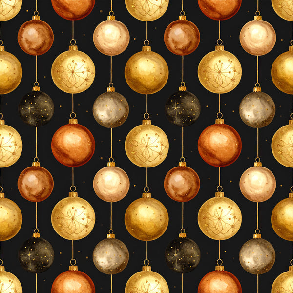 gold ornaments, copper ornaments, bronze ornaments, champagne gold, black background, metallic spheres, hanging baubles, geometric patterns, floral motifs, dandelion design, elegant, luxurious, holiday, christmas, festive, winter, sparkly, shimmery, sophisticated, modern, decorative, ornamental, dark academia, glamorous, celestial inspired, seasonal, special occasion, premium