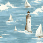 lighthouse, sailboats, ocean waves, nautical theme, blue water, white sails, seafoam green, cream clouds, maritime scene, coastal design, sailing vessels, wave patterns, seascape,, fabric panel, marine motif, boat illustration, lighthouse beacon, choppy seas, nautical adventure