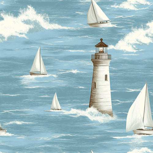 lighthouse, sailboats, ocean waves, nautical theme, blue water, white sails, seafoam green, cream clouds, maritime scene, coastal design, sailing vessels, wave patterns, seascape,, fabric panel, marine motif, boat illustration, lighthouse beacon, choppy seas, nautical adventure