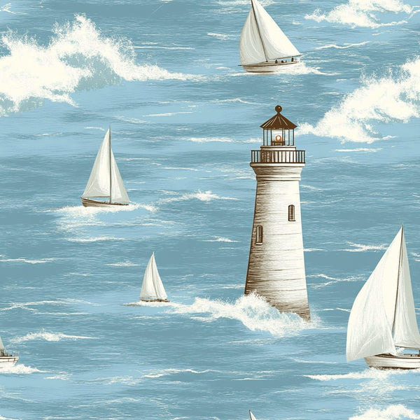 lighthouse, sailboats, ocean waves, nautical theme, blue water, white sails, seafoam green, cream clouds, maritime scene, coastal design, sailing vessels, wave patterns, seascape,, fabric panel, marine motif, boat illustration, lighthouse beacon, choppy seas, nautical adventure
