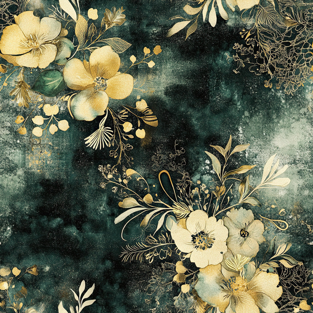 forest green, deep teal, cream, ivory, gold, yellow, vintage floral, botanical, nature, elegant, sophisticated, romantic, garden flowers, delicate flowers, ornamental, timeless, classical, distressed background, grunge texture, moody, painterly, watercolor effect, spring, summer, home decor, upholstery, crafting, apparel, petals, leaves