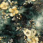 forest green, deep teal, cream, ivory, gold, yellow, vintage floral, botanical, nature, elegant, sophisticated, romantic, garden flowers, delicate flowers, ornamental, timeless, classical, distressed background, grunge texture, moody, painterly, watercolor effect, spring, summer, home decor, upholstery, crafting, apparel, petals, leaves