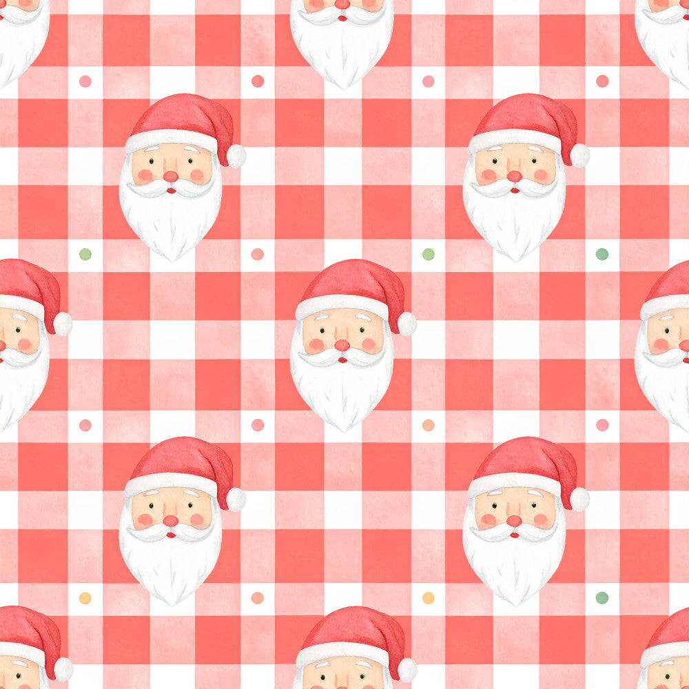 coral pink, red and white, gingham check, checkered, santa, santa claus, christmas, holiday, whimsical, festive, cute, playful, children's, kids, nursery, playroom, baby, traditional christmas, cheerful, jolly, rosy cheeks, white beard, red hat, vintage christmas, retro christmas, seasonal, winter, gift fabric, baby shower