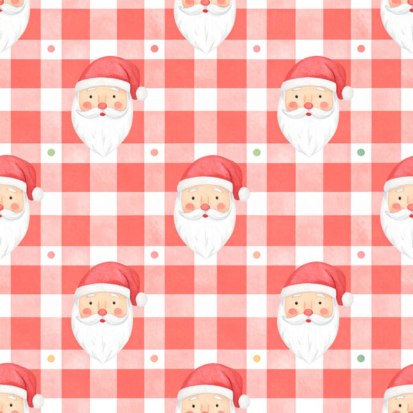 coral pink, red and white, gingham check, checkered, santa, santa claus, christmas, holiday, whimsical, festive, cute, playful, children's, kids, nursery, playroom, baby, traditional christmas, cheerful, jolly, rosy cheeks, white beard, red hat, vintage christmas, retro christmas, seasonal, winter, gift fabric, baby shower