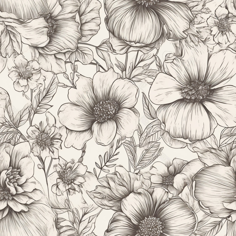 cream, ivory, black ink, botanical, floral, line drawing, sketch, pen and ink, nature, vintage, elegant, botanical illustration, peonies, roses, garden flowers, detailed, intricate, traditional, feminine, romantic, spring, summer, timeless, classic, sophisticated, artistic, hand-drawn style, flowering plants, nature lover