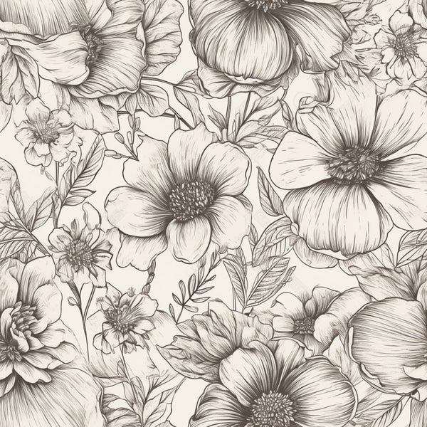 cream, ivory, black ink, botanical, floral, line drawing, sketch, pen and ink, nature, vintage, elegant, botanical illustration, peonies, roses, garden flowers, detailed, intricate, traditional, feminine, romantic, spring, summer, timeless, classic, sophisticated, artistic, hand-drawn style, flowering plants, nature lover