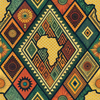 african tribal pattern, geometric motifs, diamond shapes, circular designs, sunburst patterns, africa continent silhouette, orange, yellow, green, teal, red, earth tones,, fabric panel, ethnic design, tribal art, crosshatch texture, radial patterns, mosaic style, vibrant colors