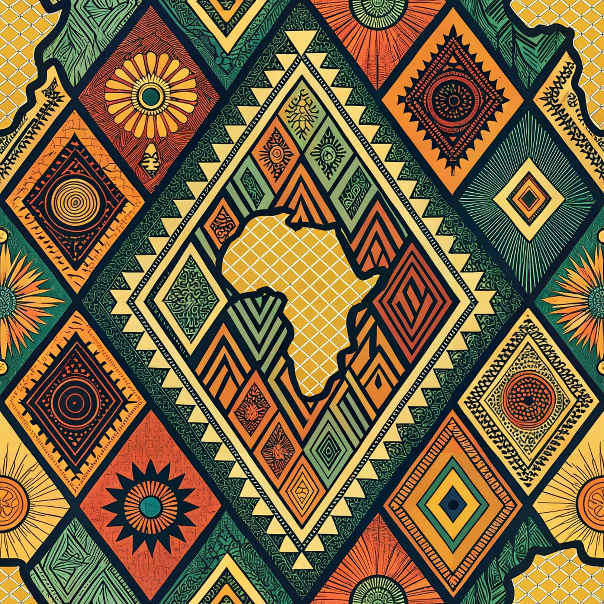 african tribal pattern, geometric motifs, diamond shapes, circular designs, sunburst patterns, africa continent silhouette, orange, yellow, green, teal, red, earth tones,, fabric panel, ethnic design, tribal art, crosshatch texture, radial patterns, mosaic style, vibrant colors